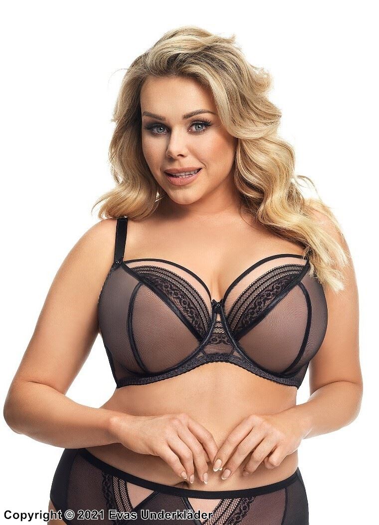 Big cup bra, sheer mesh, lace inlays, D to M-cup